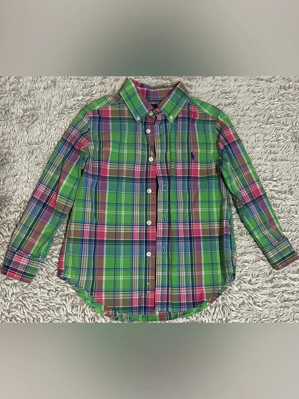 Ralph Lauren Boys' Green Plaid Button-Down Shirt with Pink & Blue Accents
